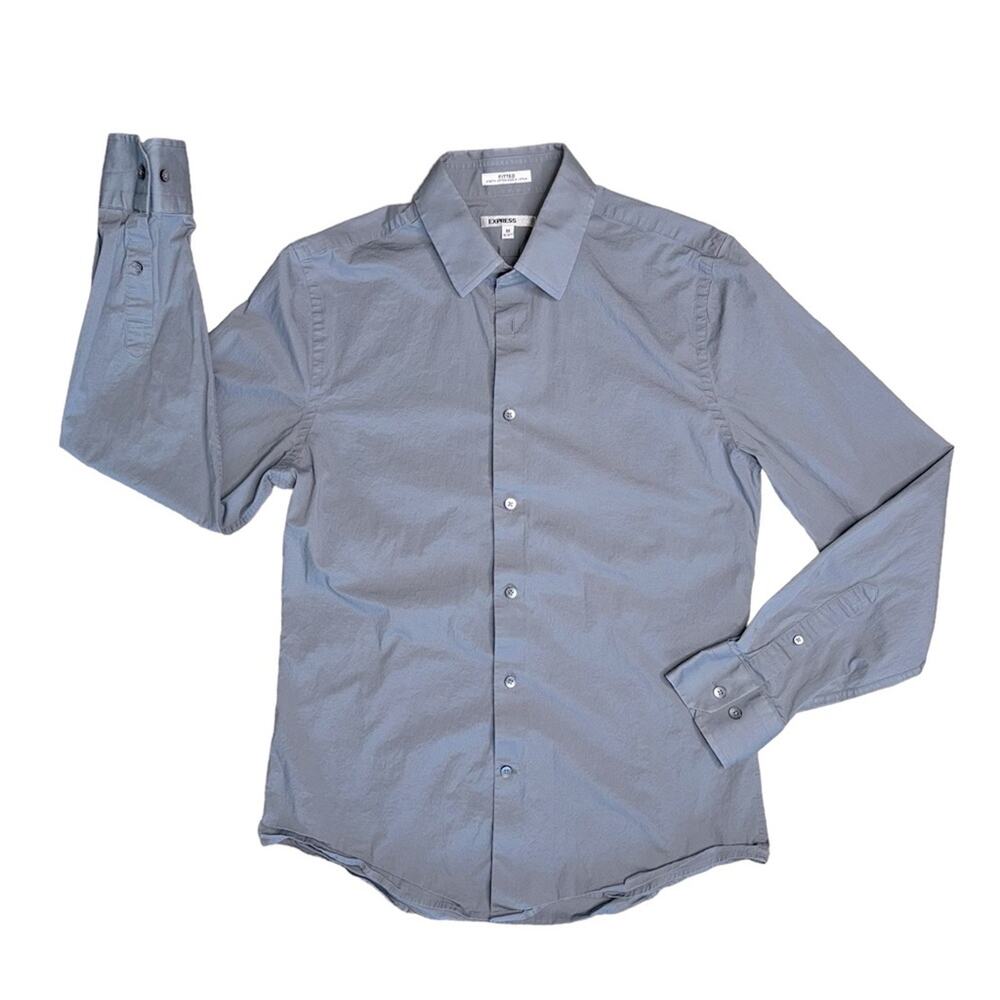 EXPRESS Gray Fitted Stretch Long Sleeve Button Front Dress Shirt Men’s